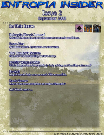 Cover page of Entropia Insider Issue 2 magazine, dated September 2003, listing featured articles such as Entropia Street Journal, Dear Alex, The Hunter's Source, Profit? What Profit?, Broke?, Rant Corner, and more, with a background image of a landscape a