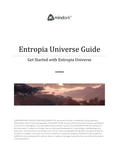 Cover page of the Entropia Universe Guide featuring the MindArk logo at the top, the title 'Entropia Universe Guide' with the subtitle 'Get Started with Entropia Universe' centered on the page, the date '2/9/2010' below the title, and a scenic landscape i