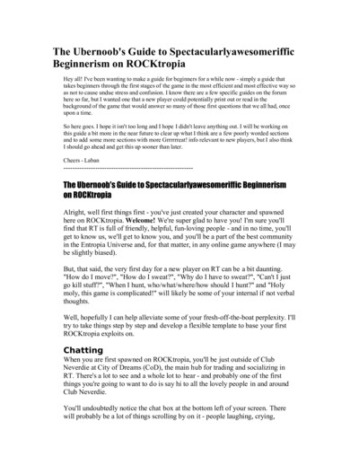 Cover page titled 'The Ubernoob's Guide to Spectacularlyawesomeriffic Beginnerism on ROCKtropia' featuring an introductory letter from the author Laban, followed by detailed instructions on chat usage, movement controls, sweating mechanics, and early game