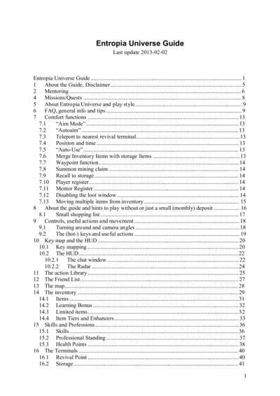 Cover page of the Entropia Universe Guide showing the title and a detailed table of contents listing various sections such as mentoring, missions, controls, trading, professions, vehicles, space travel, and events.