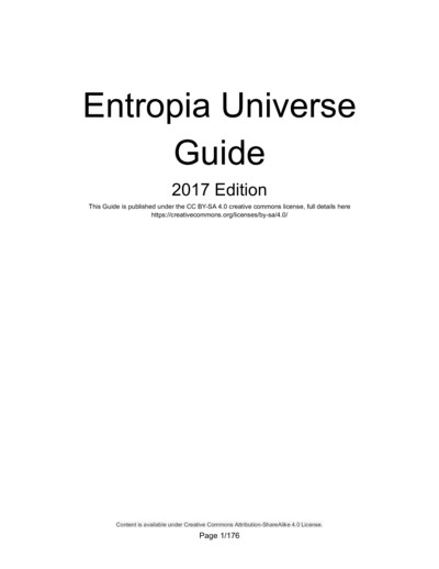 Cover page titled 'Entropia Universe Guide 2017 Edition' with Creative Commons BY-SA 4.0 license information. Subsequent pages show version history with contributors and update dates from 2014 to 2017, followed by a detailed table of contents outlining ga