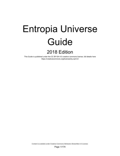 Cover page of Entropia Universe Guide 2018 Edition with Creative Commons license information, followed by version history listing updates from 2014 to 2017, and a detailed table of contents outlining gameplay topics such as mentoring, combat, teleporters,