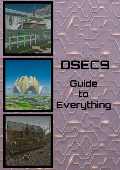 Cover page with three images depicting in-game locations and structures from DSEC9, alongside the title 'DSEC9 Guide to Everything' on a patterned background. Following pages list navigation links and waypoints for DSEC9, Elara, and Mountain of Madness, a