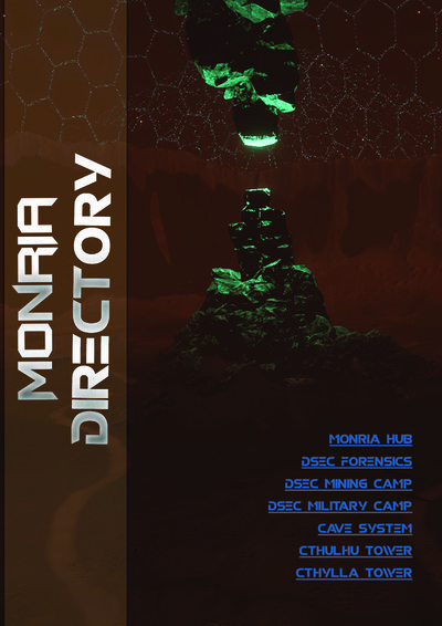 Cover page titled 'Monria Directory' with a rocky, cave-like environment featuring a glowing rock formation under a dome-like structure. The cover lists key locations such as Monria Hub, DSEC Forensics, DSEC Mining Camp, DSEC Military Camp, Cave System, C