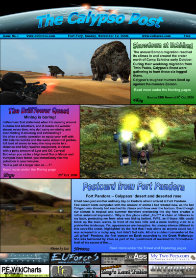 Cover page of The Calypso Post Issue No.1, dated Sunday, November 12, 2006. The cover features a large image of hunters engaging massive Eomon creatures in a desert-like crater near Camp Echidna. The page includes headlines about the Eomon migration, mini