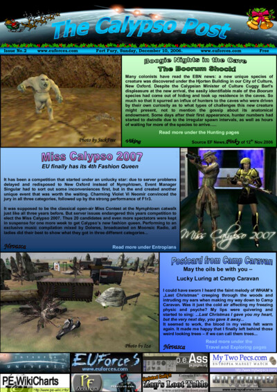 Cover page of The Calypso Post Issue No.2 showing the title with a space-themed header, dated Sunday, December 10, 2006. The page features images of a Boorum creature, a fashion contest winner, and a scenic view of Camp Caravan with accompanying headlines