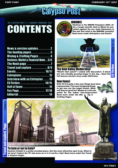 Cover page of The Calypso Post issue 3 dated January February 2007. The page features a contents list with sections such as News & version updates, The hunting pages, Mining & Crafting Pages, Business, Market & Financial News, The Noob page, Travel and ex