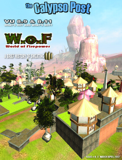 Cover page of The Calypso Post Issue #4 featuring a scenic in-game view of a medieval-style village with stone walls, towers, and trees under a blue sky. The cover highlights topics including VU 8.9 & 8.11 updates, World of Firepower, and a brief history 