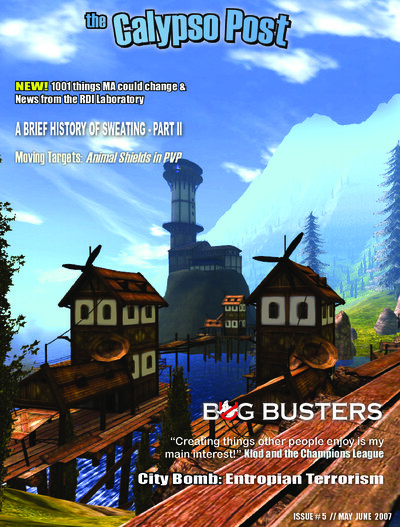 Cover page of the Calypso Post Issue #5 showing a scenic in-game landscape with wooden houses on stilts over water and a tall tower in the background under a blue sky. The cover highlights feature articles such as 'A Brief History of Sweating - Part II', 