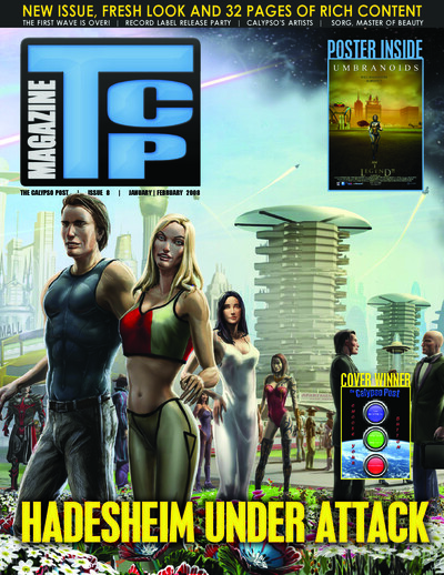 Cover of The Calypso Post Issue 8 magazine showing a futuristic cityscape with avatars in the foreground, featuring the headline 'Hadesheim Under Attack'. The cover also promotes a poster inside about Umbranoids and announces the cover winner. The magazin