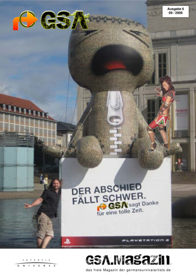 Cover of GSA.Magazin Issue 6, September 2008, showing a large statue of a crying plush toy with a zipper on its belly, a person posing next to it, and a female avatar in a red outfit. Text reads 'Der Abschied fällt schwer. GSA sagt Danke für eine tolle Ze