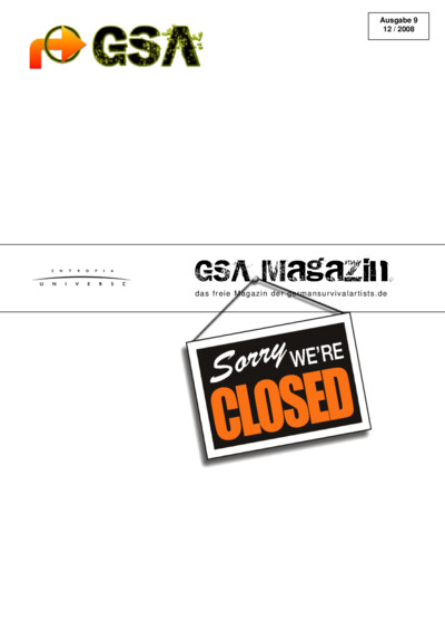 Cover page of GSA Magazin Ausgabe 9 dated December 2008, featuring the GSA logo at the top left, the title 'GSA Magazin' with the subtitle 'das freie Magazin der germansurvivalartists.de' in the center, the Entropia Universe logo at the bottom left, and a