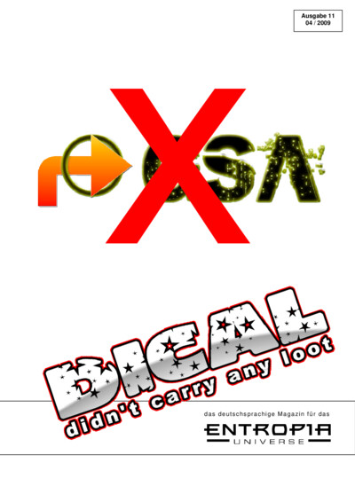 Cover page of EU.Magazin Ausgabe 11 04/2009 showing a large red X over the GSA logo, with the text 'DIDN'T CARRY ANY LOOT' in stylized font below and the Entropia Universe logo in the bottom right corner. The issue number and date are displayed in the top