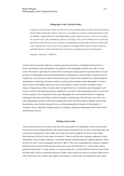 Cover page titled 'Ethnography on the Cyberian Frontier' by Rhian Morgan, featuring an in-game screenshot of Entropia Universe's Port Atlantis with futuristic high-rise buildings, a purple sky, and a virtual landscape including water and mountains in the 