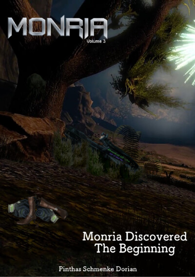 Cover image showing a dark, cavernous environment with lush vegetation, waterfalls, and glowing crystals providing natural light. A hover bike with inscriptions 'Church of Cthulhu' and 'Cult of Shut'thend' is parked near a tree. The title 'MONRIA Volume 3