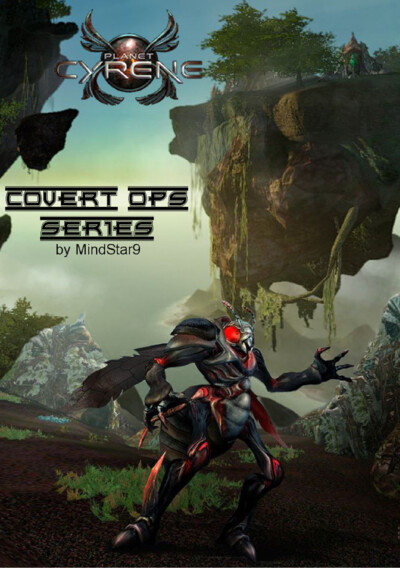 Cover image depicting a menacing insectoid creature standing on a rocky terrain with floating islands and a futuristic structure in the background. The title 'Planet Cyrene Covert Ops Series by MindStar9' is prominently displayed.