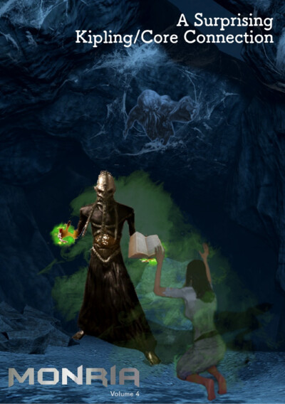Cover page titled 'A Surprising Kipling/Core Connection' featuring a dark cave scene with a menacing robed figure holding a glowing green orb and an open book, facing a kneeling figure enveloped in green mist. The background shows a ghostly figure in the 
