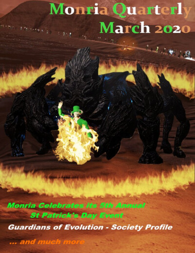 Cover of Monria Quarterly March 2020 featuring a large black creature surrounded by a ring of fire with a character in green St Patrick's Day attire riding it. The background shows a reddish terrain with a line of players in green hats. Text includes 'Mon