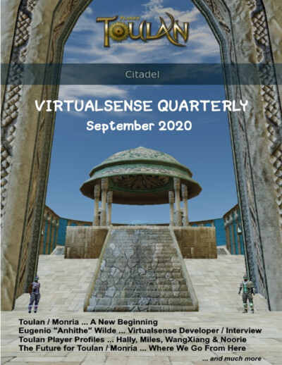 Cover page of Virtualsense Quarterly September 2020 issue showing the Citadel on Planet Toulan with two armored characters standing at the entrance. The title 'Virtualsense Quarterly September 2020' is displayed prominently, along with a list of featured 