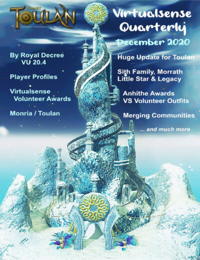 Magazine cover featuring an icy, fantastical tower structure with the title 'Planet Toulan Journey Through The Sands' and 'Virtualsense Quarterly December 2020'. The cover highlights topics such as By Royal Decree VU 20.4, Player Profiles, Virtualsense Vo