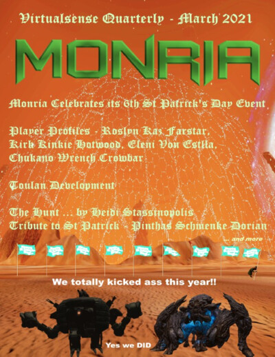 Cover of Virtualsense Quarterly March 2021 issue for Entropia Universe featuring Monria's 6th St Patrick's Day Event. The cover shows a desert landscape with a dome-like structure in the sky, several green flags, and two large creatures in the foreground.