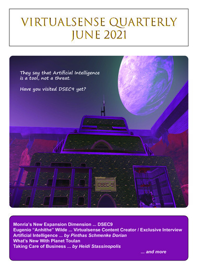 Cover page of Virtualsense Quarterly June 2021 issue showing a futuristic building labeled DSEC-9 under a purple sky with a large purple planet in the background. Text on the cover reads: 'They say that Artificial Intelligence is a tool, not a threat. Hav