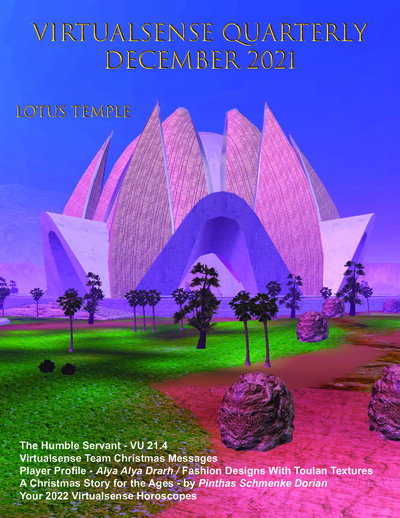 Cover page of Virtualsense Quarterly December 2021 featuring the Lotus Temple in Elara with a stylized lotus-shaped building under a twilight sky. The cover lists featured articles including The Humble Servant - VU 21.4, Virtualsense Team Christmas Messag