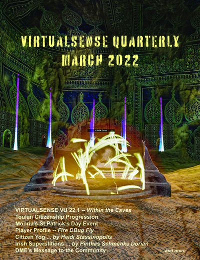 Cover page of Virtualsense Quarterly March 2022 issue showing an ornate cave interior with glowing pillars and a central glowing structure. Text overlay lists main topics including Virtualsense VU 22.1 'Within the Caves', Toulan Citizenship Progression, M