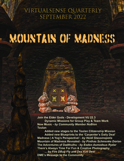 Cover page of Virtualsense Quarterly magazine September 2022 issue titled 'Mountain of Madness'. The cover shows a stone archway entrance with stacked rocks and a burning brazier in a dark cavernous environment. The title and article highlights are overla