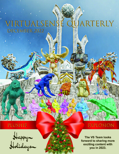 Cover of Virtualsense Quarterly December 2022 showing a winter-themed scene with various colorful plushie creatures arranged on snowy steps in front of a large ornate throne, decorated with a Christmas tree and a red bow. The cover includes the text 'Virt