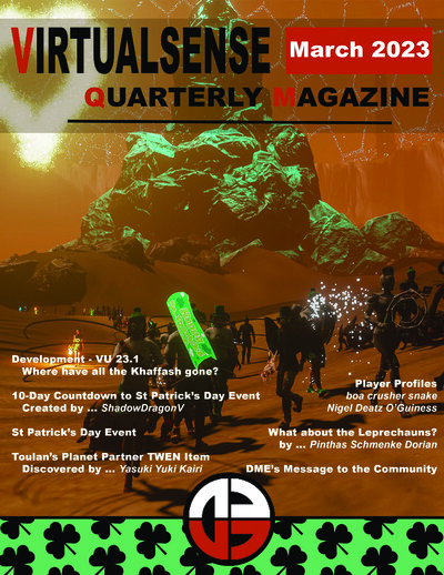 Cover of Virtualsense Quarterly Magazine March 2023 showing a group of avatars in a desert-like environment with a large rocky formation in the background. The cover includes titles highlighting VU 23.1 development, St Patrick's Day event, player profiles