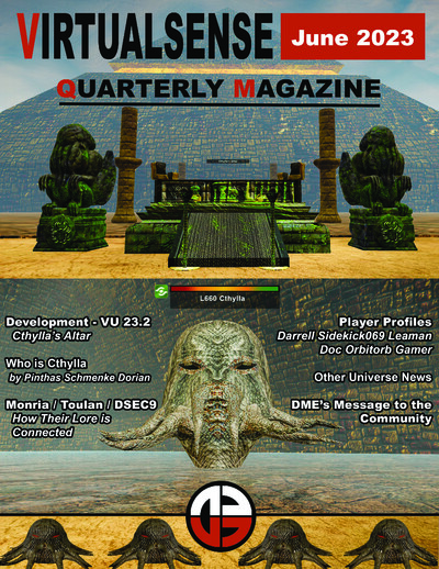 Cover page of Virtualsense Quarterly Magazine June 2023 showing a large pyramid with two green statues flanking an altar labeled 'Cthylla's Altar'. Below is a large octopus-like creature's head with red eyes and tentacles. The cover text lists featured to