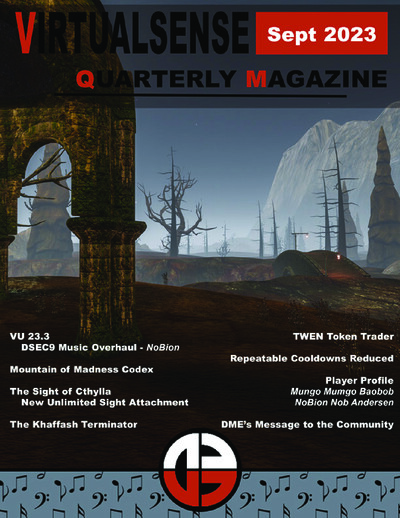 Cover of Virtualsense Quarterly magazine for September 2023 featuring a desolate landscape with barren trees, rocky terrain, and ancient stone archways under a cloudy sky. The title 'VIRTUALSENSE QUARTERLY MAGAZINE Sept 2023' is displayed at the top with 