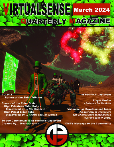 Cover of Virtualsense Quarterly Magazine March 2024 edition featuring a St Patrick's Day themed scene with a character dressed in green with a top hat and tie, standing next to a large creature in a cavernous environment with colorful fireworks in the bac
