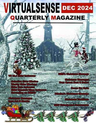 Cover of Virtualsense Quarterly Magazine December 2024 issue showing a snowy scene with a decorated Christmas tree and a church building in the background. Two characters in festive attire stand near the tree. The cover lists featured content including El