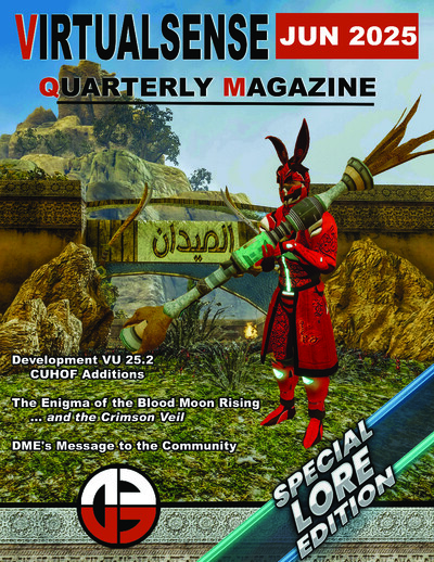 Cover of Virtualsense Quarterly June 2025 Special Lore Edition featuring a character in red armor with rabbit-like ears holding a large weapon, standing in a desert-like environment with rocky formations and a large red moon in the sky. Text highlights De