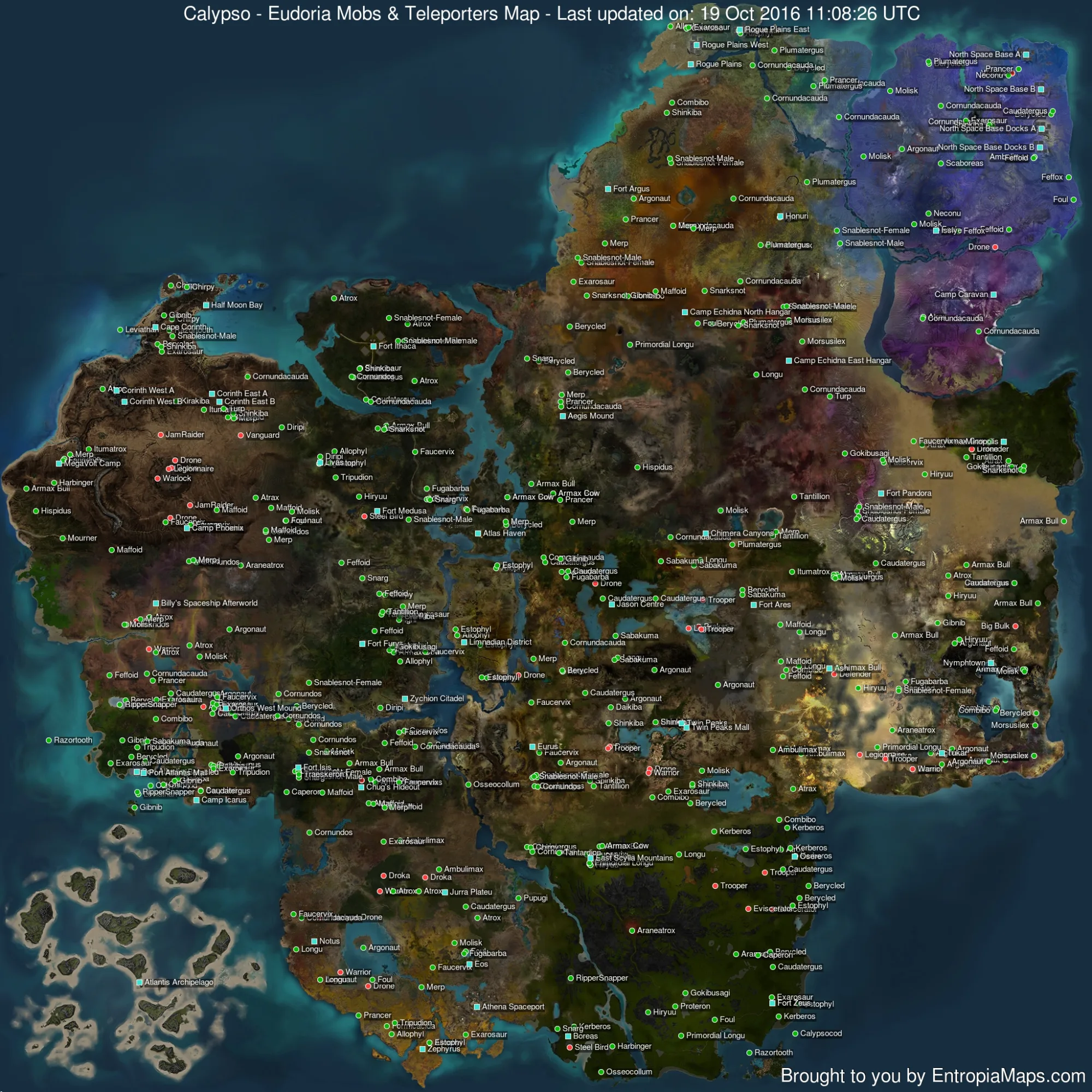 Eudoria Mobs and Teleporters Map Overview