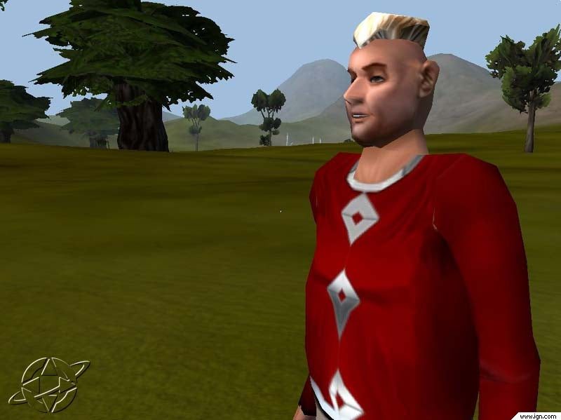 An avatar in a red outfit with diamond patterns stands in a grassy area with hills and trees.