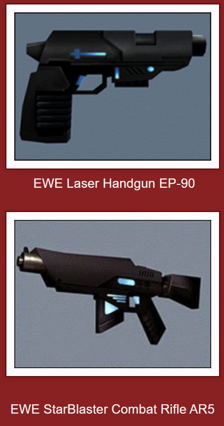 Image showing two weapons: EWE Laser Handgun EP-90 at the top and EWE StarBlaster Combat Rifle AR5 below, both on a light gray background.