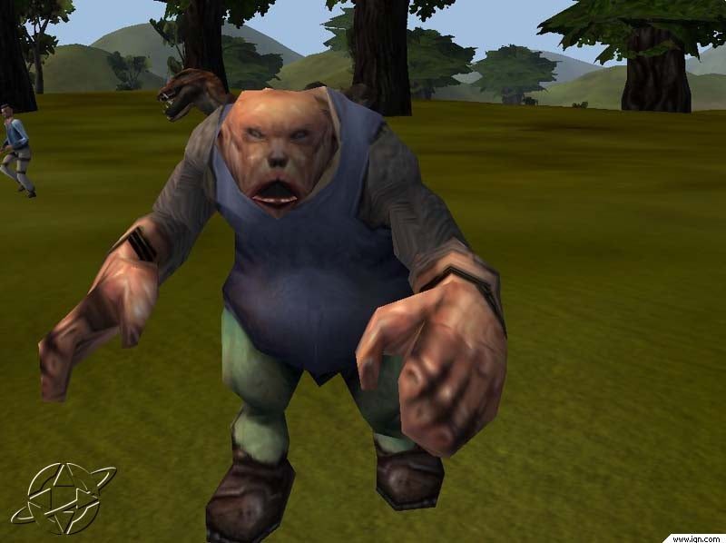 A large humanoid creature in a blue tunic stands in a grassy area, with a player avatar in the background.