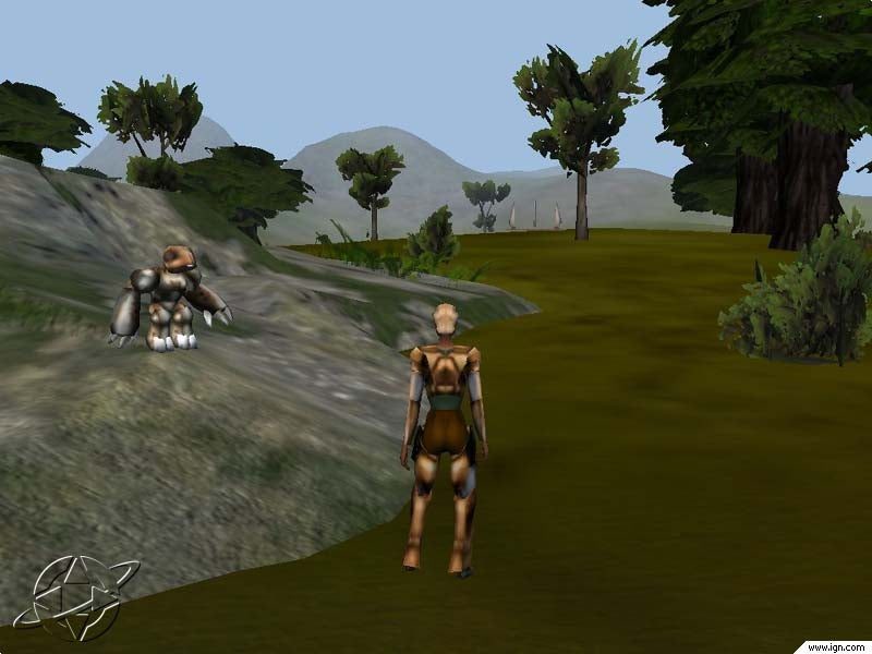 An avatar in brown and silver armor stands in a green landscape facing a robotic creature.