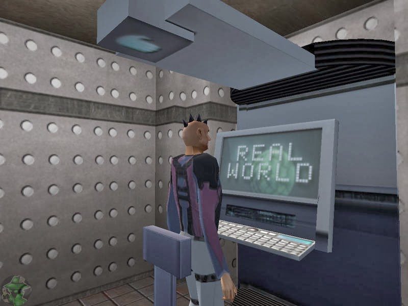 A player avatar stands in front of a computer terminal displaying 'REAL WORLD' in a futuristic environment.