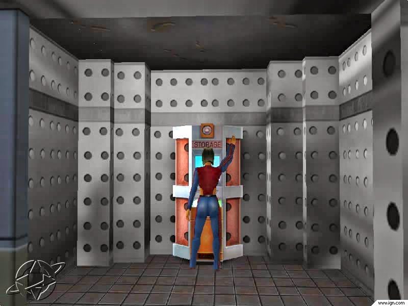 An avatar interacting with a storage unit in a metallic room with circular holes in the walls.