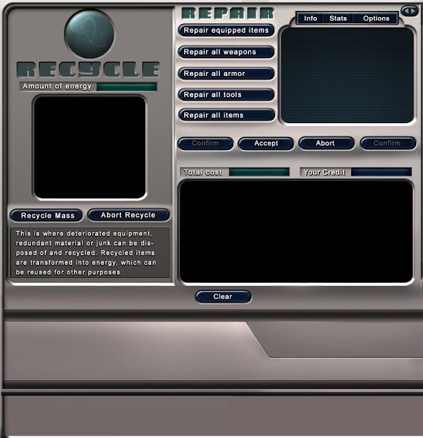 User interface for recycling and repairing items in Entropia Universe, showing options and buttons.