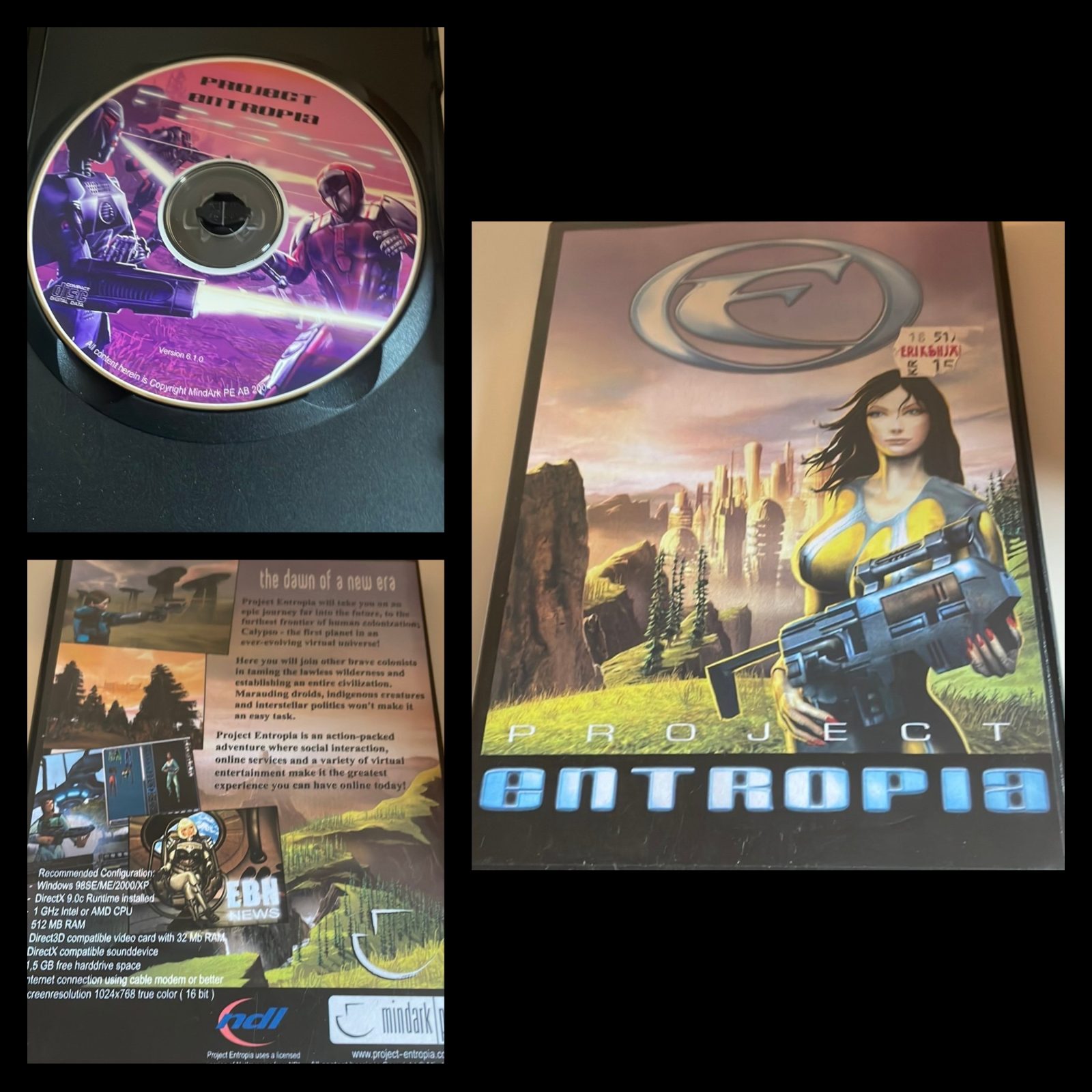 A CD and box cover for Project Entropia, featuring sci-fi artwork and game details.
