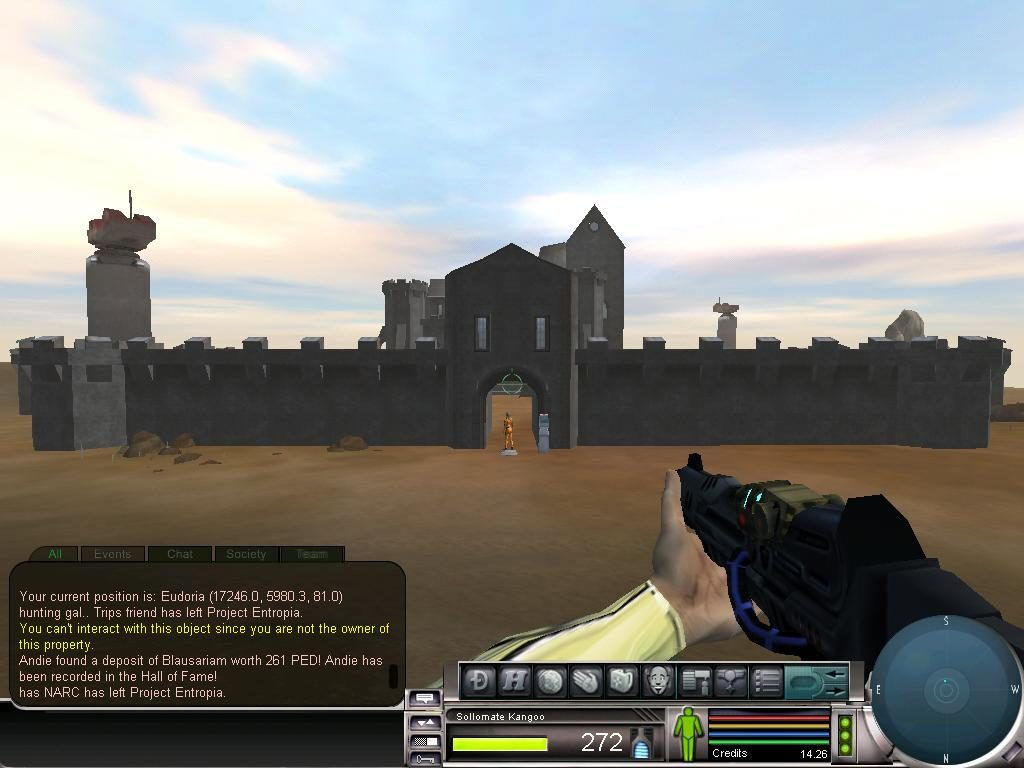 A fortified structure with a turret stands in a barren landscape. An avatar in a futuristic outfit holds a weapon in the foreground, with a user interface displaying position and inventory details at the bottom.