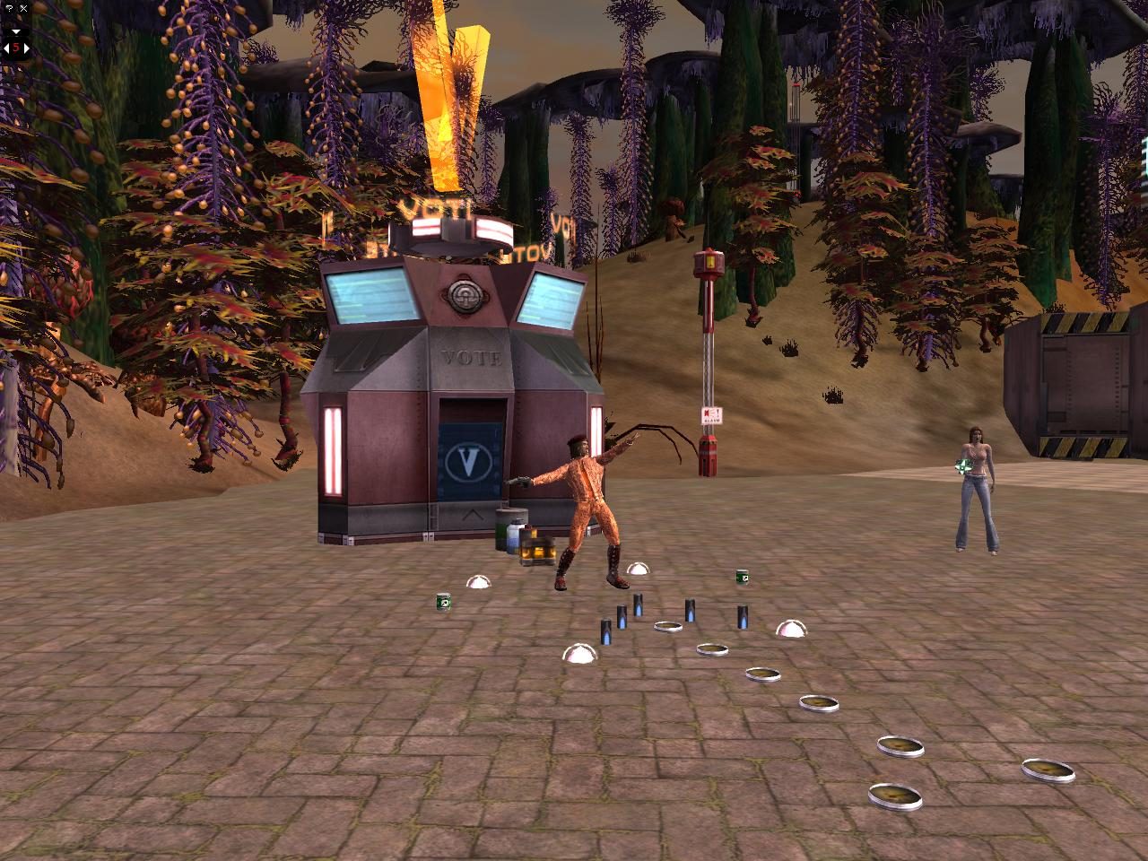 A voting booth in an alien landscape with two avatars nearby, surrounded by colorful plants.