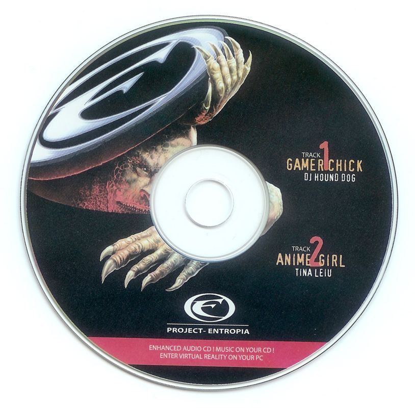 An audio CD from Project Entropia featuring a clawed hand gripping the disc with track titles.