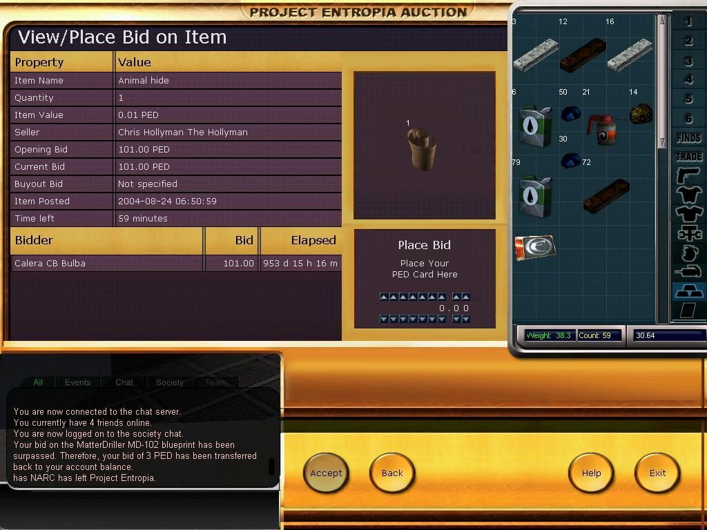 Screenshot of an auction interface in Entropia Universe showing a bid for Animal Hide, with details on current bid, time left, and chat window.