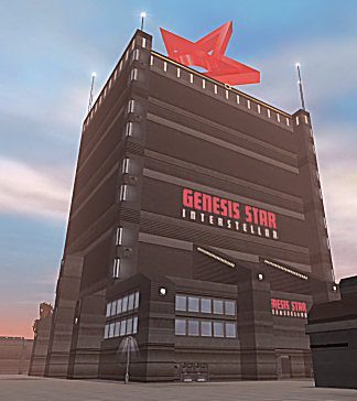 A tall, dark building with 'GENESIS STAR INTERSTELLAR' in red text and a red star logo on the roof.